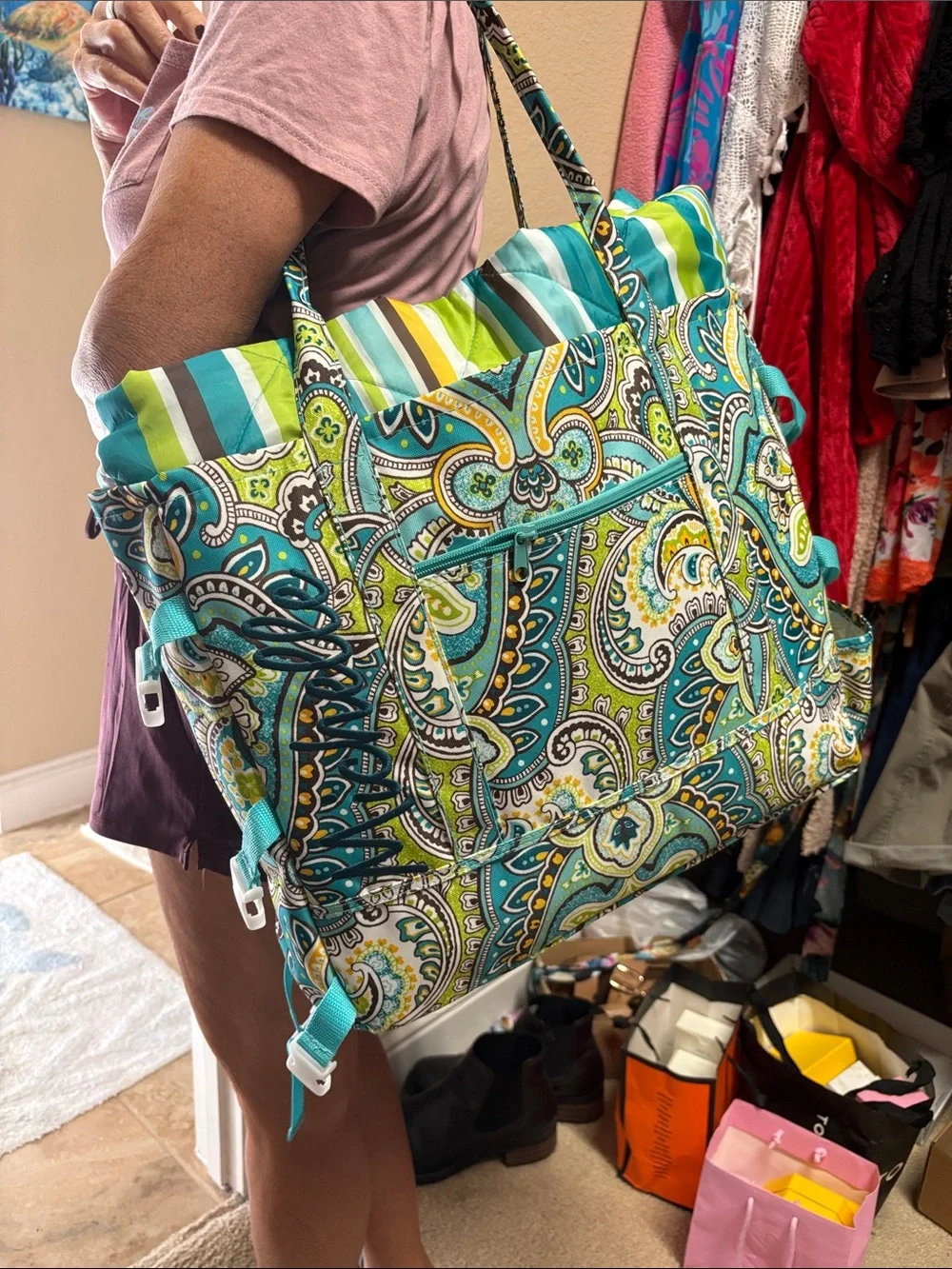 Laura Ashley Teal, Lime & Brown Striped blanket and bag